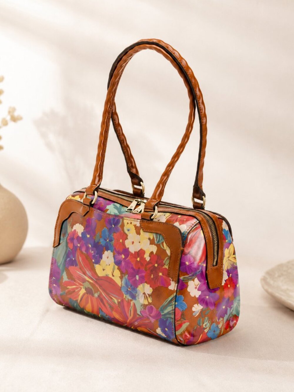 Patricia Nash Leather Handbag Zip Zip Satchel Fabriano Summer Florals Red